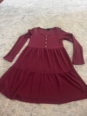art class Burgundy Ribbed Long Sleeve Tiered Dress with Gold Buttons